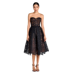 Robe de soirée élégante bustier en dentelle florale noire avec jupe ligne A