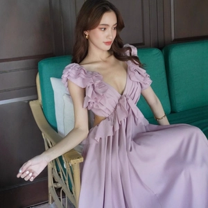 Elegant lavender long dress with deep V-neck, ruffle sleeves, and side cut-outs for women