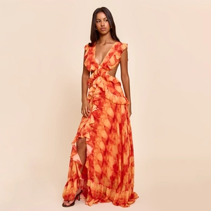 Maxikleid im Tie-Dye-Design mit V-Ausschnitt, Volants und seitlichen Taillenausschnitten