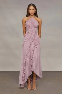 Detail of lavender chiffon halter maxi dress with pleats and a tiered ruffle accent