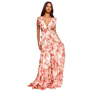 Maxikleid mit Blumenmuster, tiefem V-Ausschnitt, Taillenausschnitten und Rüschen