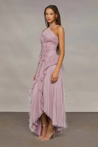 Detail of elegant chiffon maxi dress featuring pleated ruffles and halter neck design