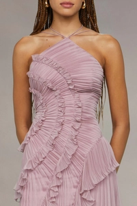 Detailed view of lavender pleated chiffon dress with ruffled layers and halter neckline