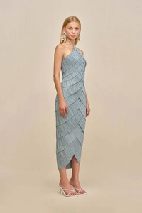Detail view of light blue halter evening dress with pleated layered texture and slit