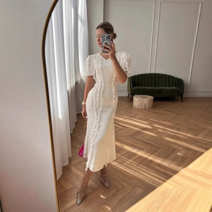 Elegant V-Neck Puff Sleeve Ruffle Midi Dress Sexy Solid Color Slim Fit Evening Party Dress For Women Formal Prom Gown