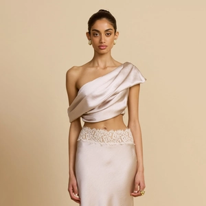 Elegant Champagne Satin Asymmetric One Shoulder Crop Top And Lace Trimmed Long Maxi Skirt For Women Evening Party Banquet