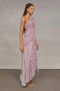 Detail of lavender pleated chiffon dress featuring tiered ruffles and halter neck design