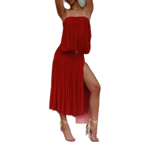 Sexy red two-piece pleated set featuring a tube top and high-slit maxi dress for women