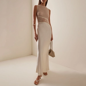 Elegant Cream White Sleeveless Evening Maxi Dress Sequin Lace Patchwork Satin Party Gown For Women Wedding Guest Outfit