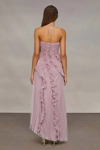 Detail of lavender pleated chiffon dress featuring halter straps and ruffled back design