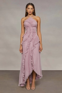Detail of lavender pleated maxi dress showing halter neck and fan-shaped layered draping