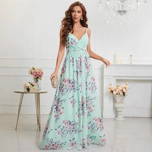 Elegant mint green floral spaghetti strap maxi dress with high slit for summer occasions