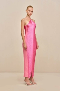 Detailed view of pink fringe maxi dress with halter neck and backless design elements