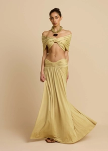 Macro detail of knot twist crop top and draped long skirt beach dress set texture