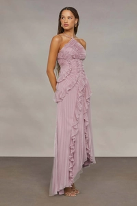 Detail of light purple halter neck chiffon dress with layered ruffles and pleated texture