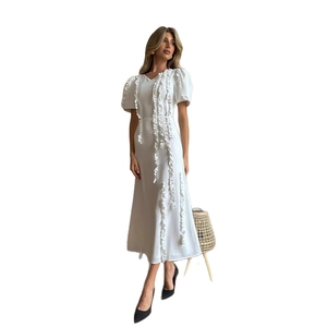 Elegant white V-neck puff sleeve midi dress with tiered ruffle details for parties