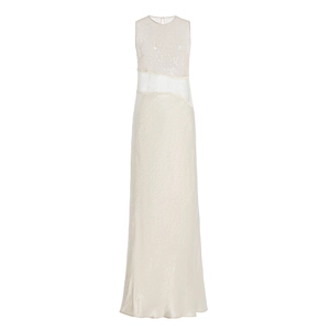 Elegant sleeveless cream evening gown with sequins and asymmetric lace cut-outs