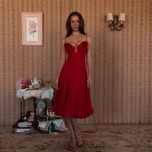 Elegant retro dark red evening dress with handmade floral neckline and spaghetti straps
