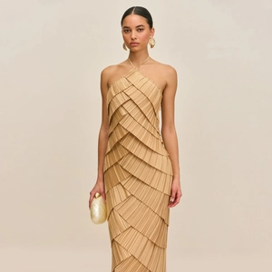 Elegant backless halter evening dress with layered pleated design in warm camel brown