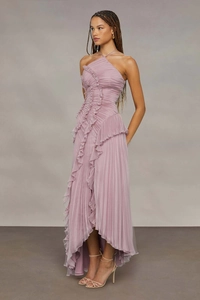 Detail of mauve pleated chiffon evening dress with halter neck and ruffled cascading layers