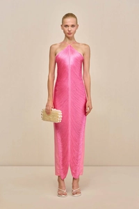 Detailed view of fuchsia halter dress with fringe tassel texture and open back slit