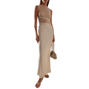 Elegant cream sleeveless lace patchwork evening gown with sequins and satin skirt