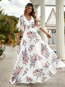 Close-up of floral print maxi dress featuring elegant V-neck and ruffle sleeves