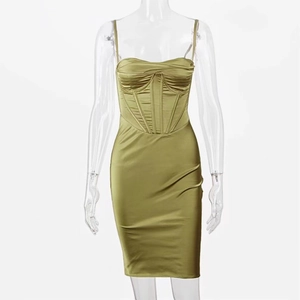 Olive green satin corset dress with thin straps and bodycon mermaid silhouette
