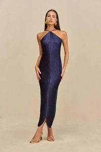 Detail of navy blue halter maxi dress with fringe texture and deep V back slit design