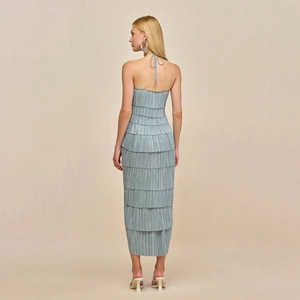 Light blue backless halter maxi dress with multi-layered accordion pleats and tiered design