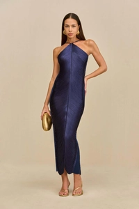 Detailed view of the navy blue halter neckline and layered fringe texture on a maxi dress