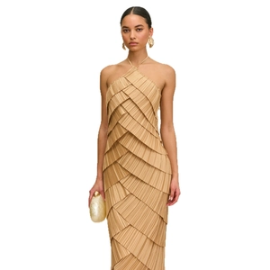 Elegant khaki sleeveless halter evening gown with tiered pleated texture and open back design