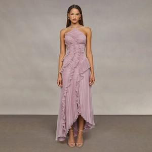 Women's Elegant Halter Pleated Chiffon Maxi Dress Asymmetric Ruffle Evening Gown For Party Wedding Light Purple Sleeveless