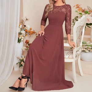 Elegant wine red lace evening gown with long sleeves and slimming waist for formal events