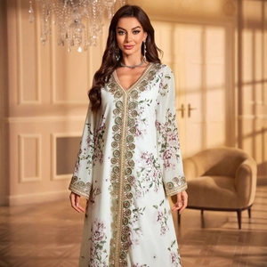 Elegant white floral V-neck Kaftan maxi dress with golden embroidery and long sleeves