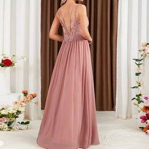 Elegant dusty rose long evening dress with thin straps and floral lace open back detail