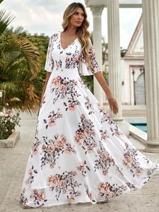 Detailed view of elegant V-neck floral maxi dress with flowing mid-length sleeves