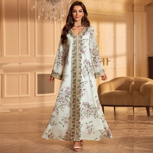Women Elegant Floral Print Kaftan Dress Long Sleeve Deep V Neck Embroidery Maxi Abaya Evening Party Gown For Lady Wedding