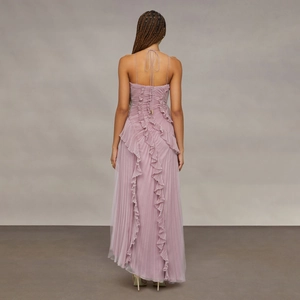 Elegant lilac pleated chiffon maxi dress with ruffled halter neck and backless design