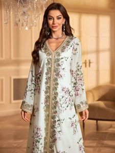 Detailed V-neck embroidery and sequins on a floral printed chiffon long sleeve dress