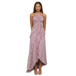 Elegant halter neck pleated chiffon maxi dress with ruffled trim in dusty rose purple