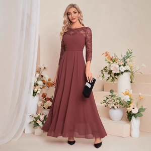 Women Elegant Mahogany Lace Chiffon Maxi Evening Dress Three Quarter Sleeve Slim Fit A-Line Formal Party Gown For Banquet Wedding