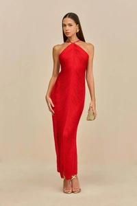 Detail of red halter maxi dress with fringe texture and elegant backless split design
