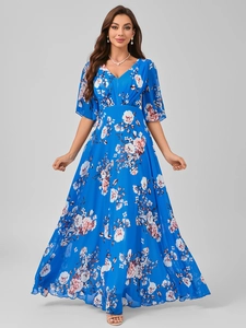 Detail view of V-neck floral print maxi dress featuring elegant ruffle sleeves and flowy fabric