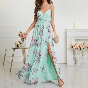 Women Elegant Mint Green Floral Spaghetti Strap Maxi Dress Sexy V-Neck High Slit Summer Vacation Party Evening Dress