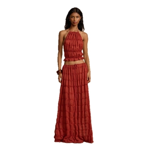 Sexy two-piece halter neck crop top and pleated tiered maxi dress set in brick red