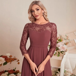 Elegant wine red lace evening gown with long sleeves and slim fit waist design