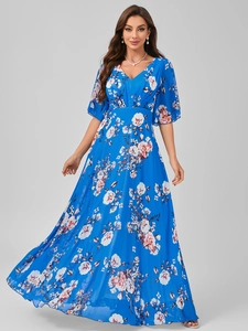 Detailed close-up of Royal Blue V-neck floral dress with elegant ruffles and chiffon texture
