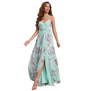 Elegant mint green floral maxi dress with high slit and spaghetti straps for women