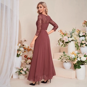 Elegant burgundy lace and chiffon evening gown with slimming A-line silhouette for parties